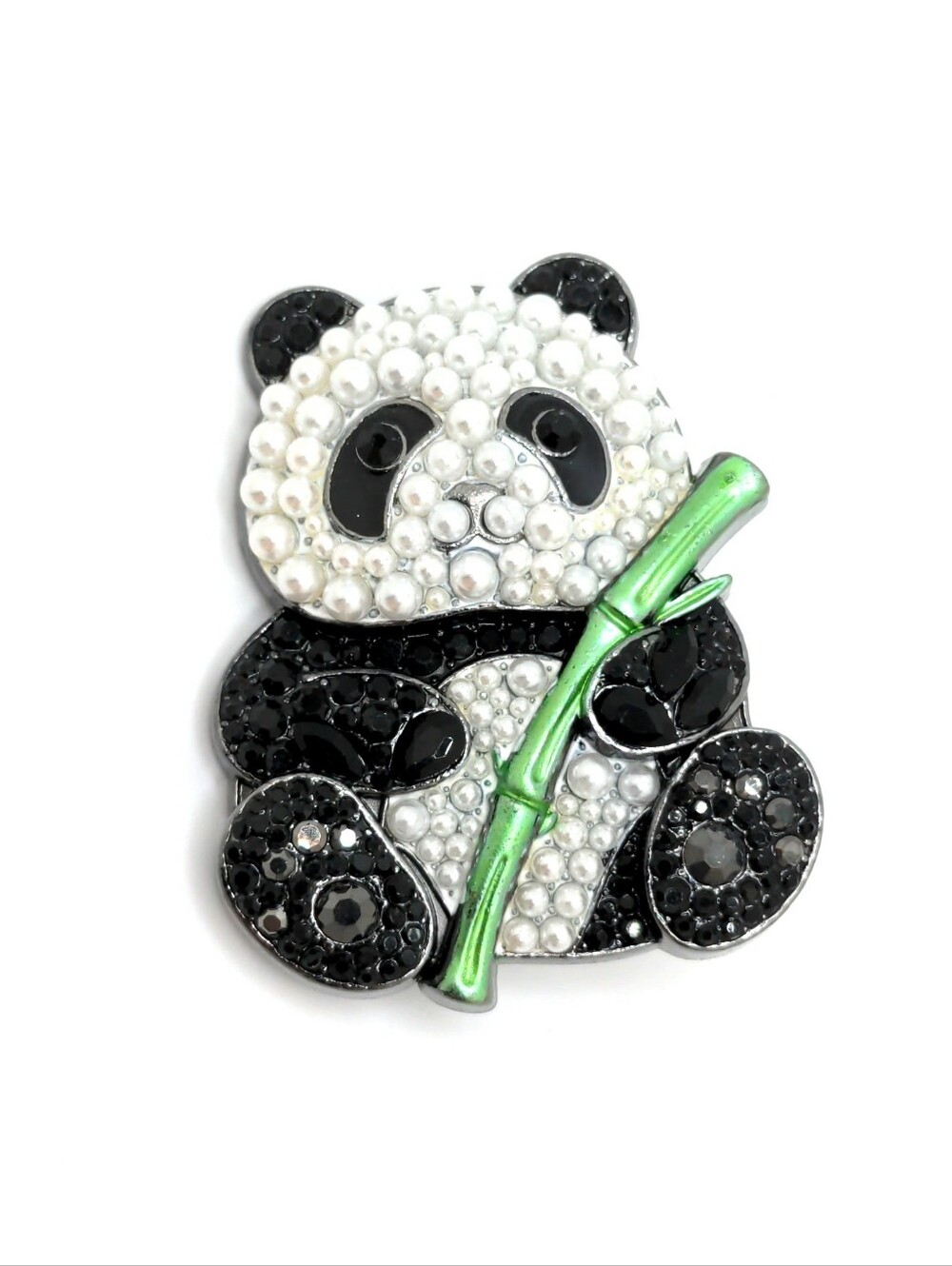 Crystal Pearl Panda Brooch with Green Bamboo